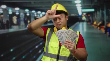 Demiryolu istasyonunda bize dolar tutan inşaat yeleği giyen bir adam kaybedenlerin jestlerini yapıyor sanayi ve finans konularını toplu taşıma ortamında sergiliyor..