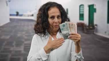 Bir şehir caddesinde elinde İngiliz banknotları tutan kadın şehir hayatının ortasında mutluluk ve güven gösteriyor.