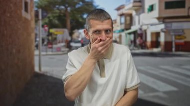 Güneşli bir sokakta, arka planda binalar ve ağaçlarla çevrili bir şehir ortamında eli ağzında gülen beyaz bir adam..