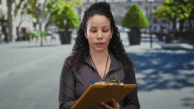 Güneşli bir günde ağaçlarla çevrili kalabalık bir şehir sokağında panoya yazı yazan kıvırcık saçlı İspanyol kadın..