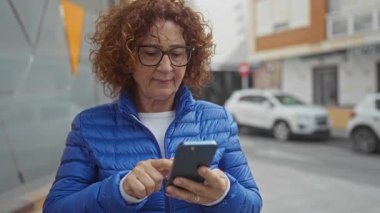 Şehir caddesinde akıllı telefon kullanan kadın gündüz gözlüklü ve mavi ceketli şehir merkezinde park etmiş araçlarla dışarıda günlük aktiviteleri öneriyor.