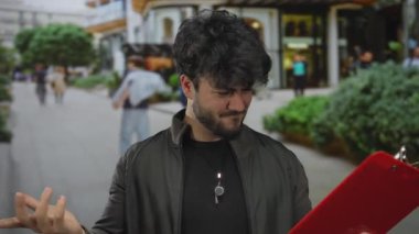 Sakallı genç adam sinirli görünüyor. Kalabalık bir sokakta kırmızı bir pano tutuyor. Arka planda dükkanlar var..