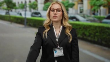 Gözlüklü ve kimlik kartı olan bir kadın, şehir sokaklarında dikilirken, iş kıyafetleri ve mesleki davranışlarını arabaları ve yeşillikleri olan kentsel bir geçmişe karşı sergiliyor..