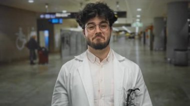 Sakallı ve gözlüklü genç adam, yoğun havaalanı koridorunda beyaz önlüklü, seyahat ya da kapalı alanda profesyonel bir nişan öneriyor..