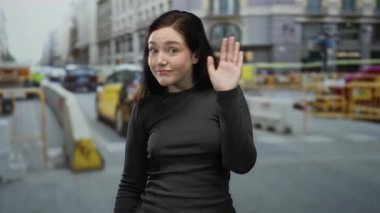 Kadın, kentsel inşaat alanında hareketli şehir trafiği, dinamik sokak etkileşimi ve modern sokak kıyafetleriyle jestler yapıyor..
