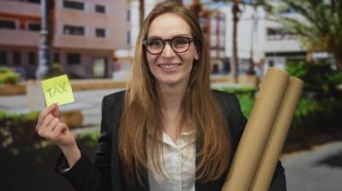 Gözlüklü bir kadın elinde yapışkan bir notla güler vergi okur ve sokakta karton tüpler taşır..