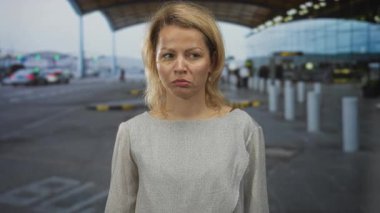 Kadın yüzü, mavi cam bir gölgelik altında bir havaalanı terminalinin asfaltlı şeridinde duruyor; belirsizlik.