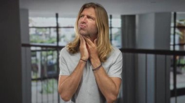 Boş stüdyo odasında dururken uzun saçlı, boğazını sıkan uzun boylu sarışın bir adam. Fiziksel rahatsızlığı var..