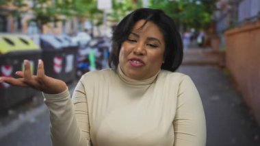 Şehir sokağında arka planı bulanık, kendine güveni tam ve Latin görünümlü sıradan giyinmiş bir kadın..