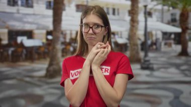 Gözlüklü ve kırmızı gömlekli gönüllü kadın, açık hava restoranının terasında şans diliyor; umut iyimserliği.