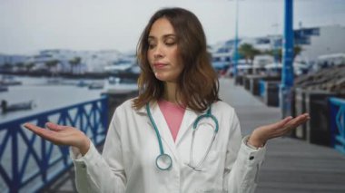 Steteskoplu İspanyol kadın doktor deniz kenarındaki gezinti güvertesinin yanında duruyor, plaj zeminine uzanan ellerle olasılıkları analiz ediyor..