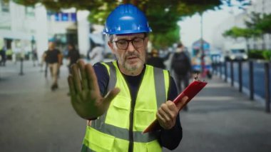 Güvenli yelek ve şapka giyen olgun İspanyol adam, kalabalık bir şehir sokağında şehir parkının arka planına karşı pano tutarak jesti durduruyor..