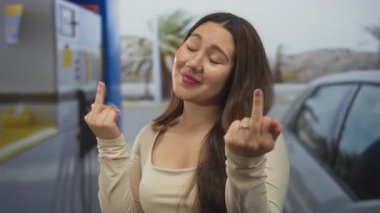 Genç İspanyol kadın, dışarıda park halindeki arabanın yanındaki benzin pompasında orta parmağını hareket ettiriyor..