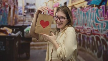 Sarışın genç bir kadın kenar mahalle sokaklarında kırmızı kalpli kağıt çanta tutuyor..