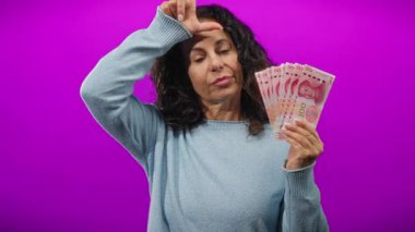Bir kadın Çin Yuan banknotlarını tutarken ezik jestler yapıyor, izole edilmiş mor duvarlara karşı duruyor, duygularını ve finansal kavramlarını ifade ediyor..
