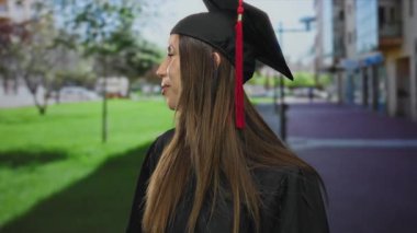 Profile young woman in mortarboard cap with red tassel and gown smiles broadly on city street; pride.