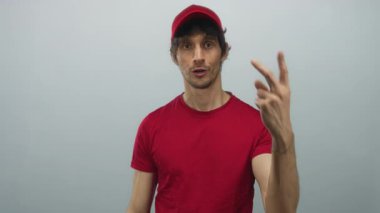 Kırmızı şapkalı genç teslimatçı gri stüdyoda iki parmağını kameraya gösteriyor..