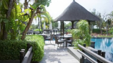 Bulanık tropik tatil yeri yolu yemyeşil, ahşap güverte, havuz kenarı oturma yeri, saman çatılı kulübe, ve canlı yeşillikler sakin bir açık havada lüks atmosfer yaratıyor..