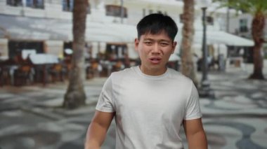 Genç Çinli bir adam, açık hava restoranının terasında çılgınca el kol hareketi yaparak arka planda palmiye ağaçları olan hareketli bir kahve dükkanında hareketli bir sahne yaratıyor..