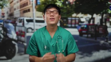 Tıbbi önlüklü genç adam hareketli bir şehir caddesinde neşeyle gülüyor ve alkışlıyor, canlı bir şehir ortamında mutluluk ve pozitifliği yansıtıyor..