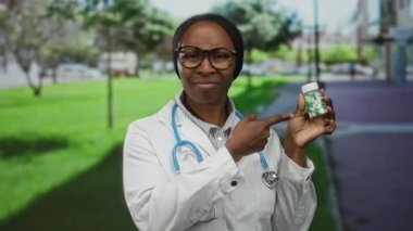 Parkta gözlüklü ve steteskoplu beyaz önlüklü bir kadın yeşil ve açık hava ile çevrili bir ilaç şişesini tutuyor ve işaret ediyor..