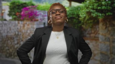 Gözlüklü kadın, ellerinin kalçasında güneşli bir caddede taş bir duvara yaslanıyor..