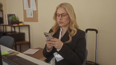 Ofiste çalışan, gözlüklü, siyah takım elbiseli, arka planda bir bavulla oturan bir kadın iş ortamını işaret ediyor.