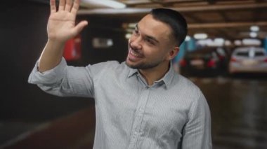 Adam, beyaz sedanının yanında el sallıyor. Bir yeraltı otoparkı koridorunda. Yumuşak tepelik ışıkları var..