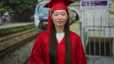 Kırmızı mezuniyet elbisesi giymiş bir kadın, bir tren istasyonunun arka planında gururunu ve başarısını iletiyor..