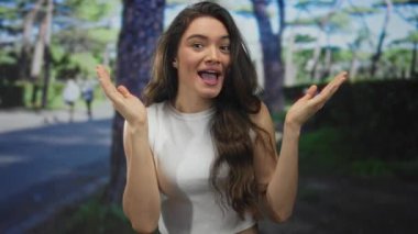 Güneş ışığı altında yeşil ormanın ortasında ellerini ağızlarına dayayıp bağıran genç İspanyol kadın; coşku.