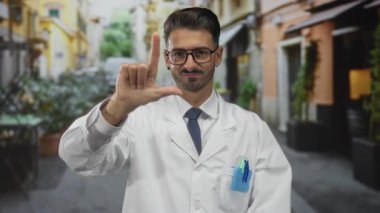 Beyaz önlüklü, cep kalemli ve gözlüklü bir adam şehir caddesi boyunca işaret parmağıyla işaret ediyor..