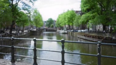 Yeşil ağaçlar ve dingin suyla bulanık bir kanal manzarası. Parlak bir gökyüzünü yansıtıyor. Hollanda 'daki kentin sakinliğini gösteriyor..