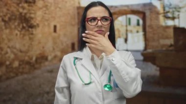 Gözlüklü kadın doktor, sokakta steteskopla dikilip profesyonel kıyafetlerini sergiliyor.