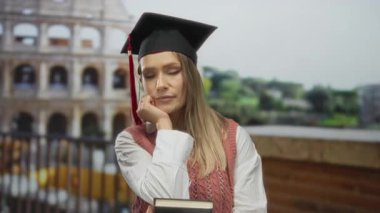 Mezuniyet şapkalı genç sarışın kadın arka planda Roma Kolezyumu 'nun kitaplarını tutuyor. Tarihi bir şehir ortamında akademik başarıyı temsil ediyor..
