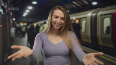 Kafkasyalı genç bir kadın kapalı tren istasyonuna el hareketleriyle davet ediyor.