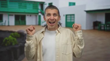 Beyaz bir adam şehir caddesinde açık havada gülümsüyor, günlük bej bir ceket giyiyor, klasik bir bina arkaplanı ve canlı yeşil elementlerle mutluluk ve sürpriz taşıyor..