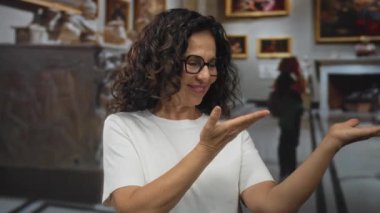 Orta yaşlı İspanyol kadın, açık jest müzesi sergi salonunu uzattı; davet olumlu nişan.