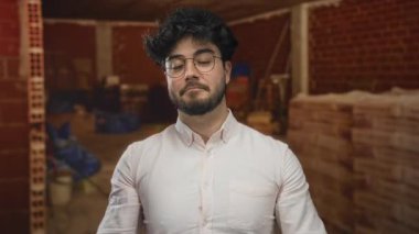 Kapalı alanda inşaat alanında sakallı, gözlüklü ve beyaz gömlekli genç bir adam tuğla işçiliğinin ve inşaat malzemelerinin önünde güvenle duruyor.