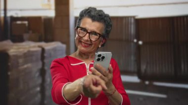 Gri saçlı, gözlüklü, gülümseyen ve akıllı telefonları inşaat alanında gösteren, teknolojik müdahale ve neşe saçan son sınıf öğrencisi kadın..