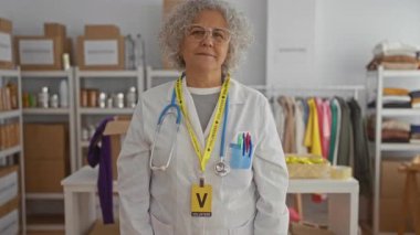 Laboratuvar önlüklü, gönüllü rozetli, hayır kurumunda çalışan bir kadın organize bir odada malzeme ve kıyafetlerle baş parmak işareti yapıyor..