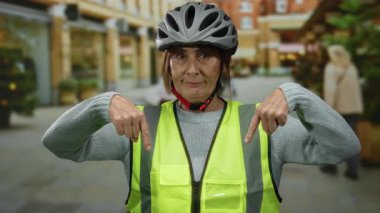 Başlık ve güvenlik yeleği giyen yaşlı İspanyol kadın şehir sokaklarını göstererek şehir güvenliğini ve farkındalığı iletiyor..