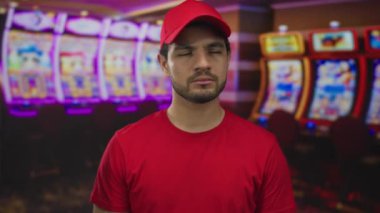 Kırmızı şapkalı ve kırmızı gömlekli sakallı adam binanın içindeki kumar makinesine doğru yan bakıyor..