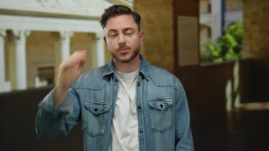 Kot ceketli genç adam üniversitede arka planda klasik mimariyle kapalı mekanda duruyor. Akademi kurmayı öneriyor..