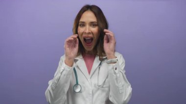 Steteskoplu genç İspanyol kadın doktor, izole edilmiş mor arka planda şaşkınlığını dile getiriyor. Tıbbi bir ortamda duygusal bir an ve bir bağlantı yakaladı..