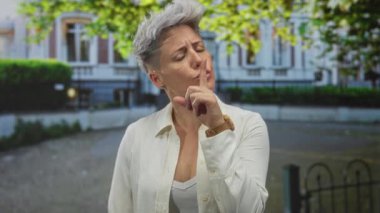 Beyaz gömlekli kadın, şehir caddesinde demir çitin önünde sessizlik için parmaklarını dudaklarına tutar..