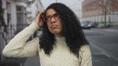 Meşgul şehir caddesinde beyaz evlerle dolu kırmızı gözlüklü bir kadın başını kaşıdı..