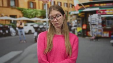 Pembe kazaklı kadın, caddede vitrin ve park halindeki arabaların yanında yan yan bakıyor..