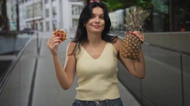 Kadın ananas ve waffle 'ı güneşli şehir caddesinde bina cephesinin önünde tutuyor; dinginlik keyfi.