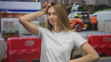 İnşaat alanında kaybeden bir kadın, arka planda bulanık işçilerle neşeli bir şekilde hareket ediyor..