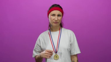 Spor kıyafetli, madalyalı bir kadın pembe arka plana şaşırmış gibi görünüyor..